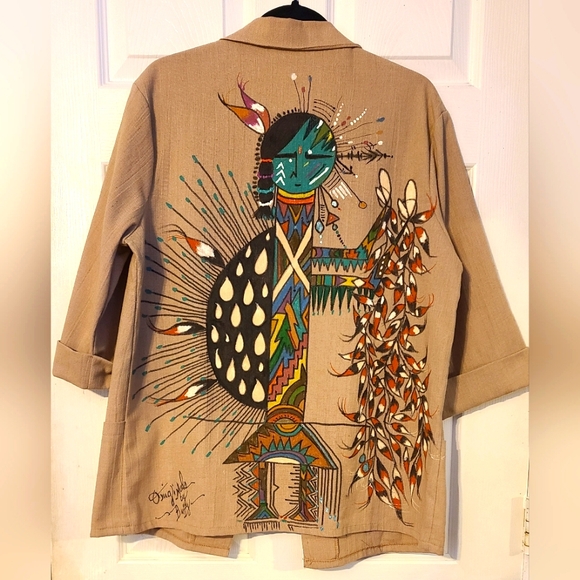 Vintage Hand Painted Navajo Art Tan Blazer Womens Size L - Picture 1 of 8